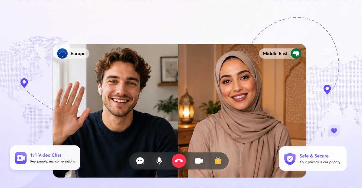 European man and Middle Eastern woman enjoying a face-to-face 1v1 video chat on Mixu, connecting across regions through a secure online video calling platform.