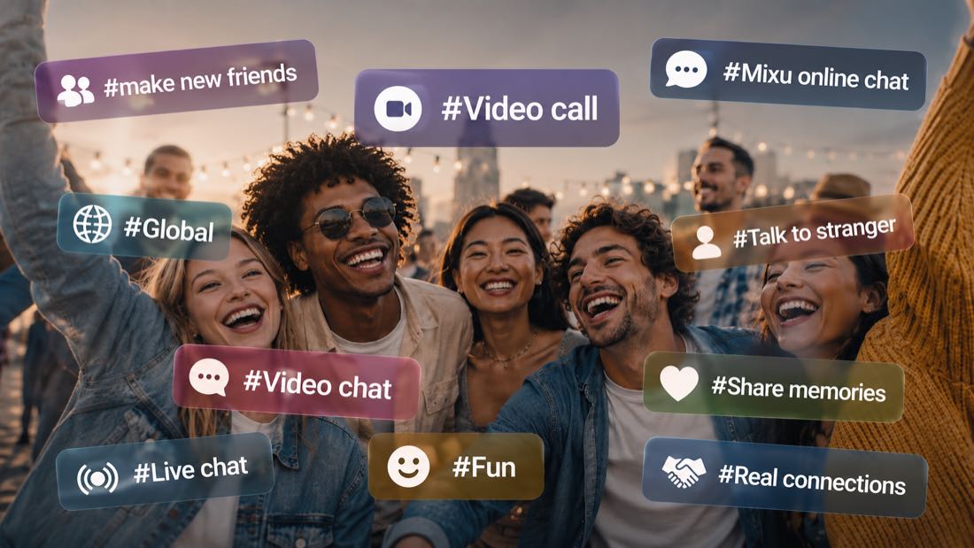 Diverse group of friends laughing together outdoors with floating social tags highlighting video chat, live chat, global connections, making new friends, and sharing memories on Mixu.